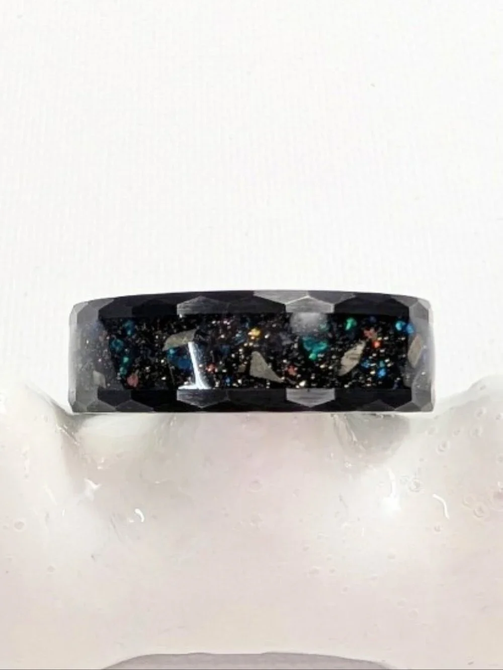 Men's Hammered Black Tungsten Galaxy Opal Meteorite Band Size 14